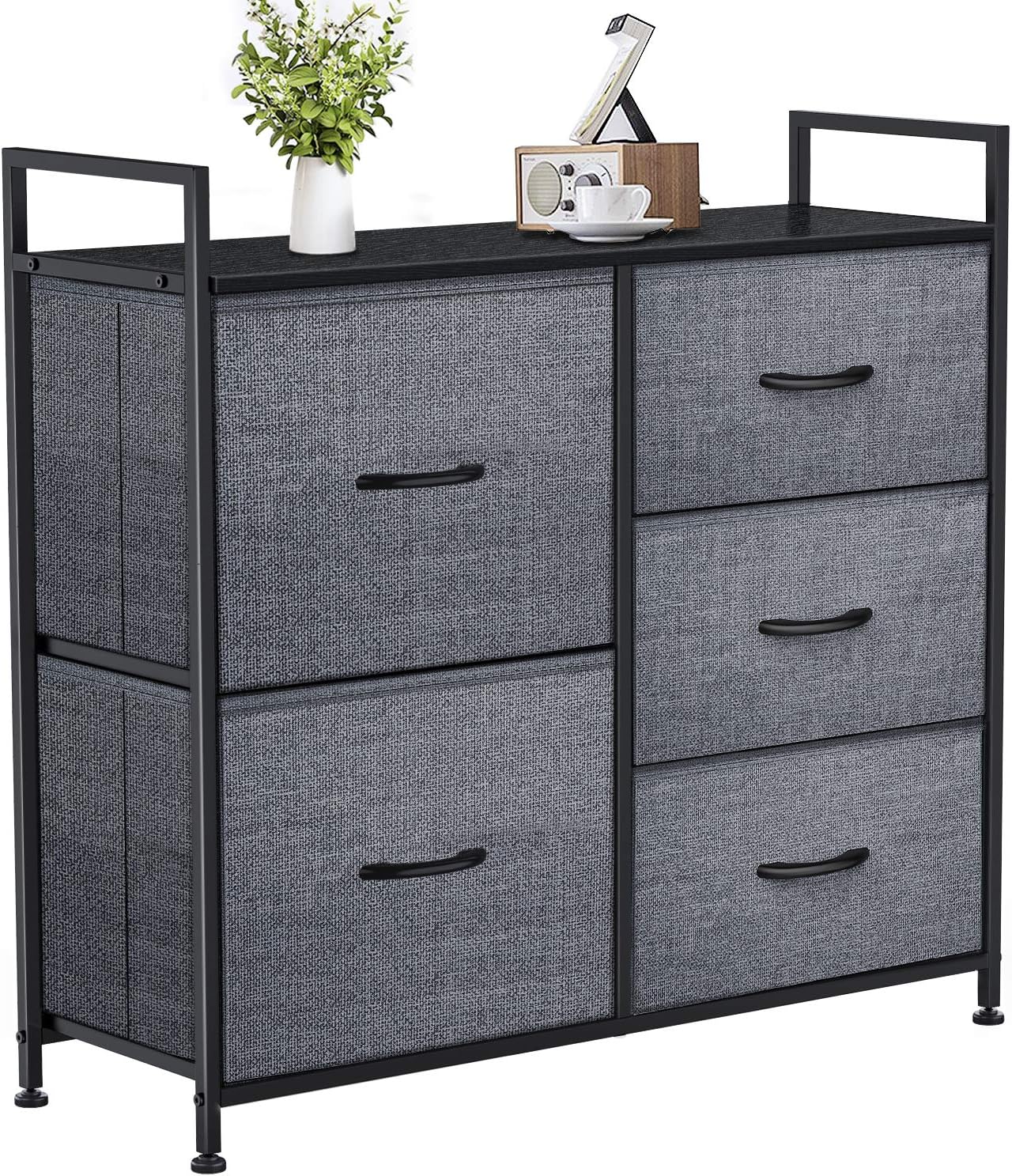 Yesker Dresser with 5 Drawers for bedroom - storage tower, Bedside Furniture & Night Stand End Table Dresser for Home, Office, College Dorm, Sturdy Steel Frame Organizer, Wood Top (Dark Grey)