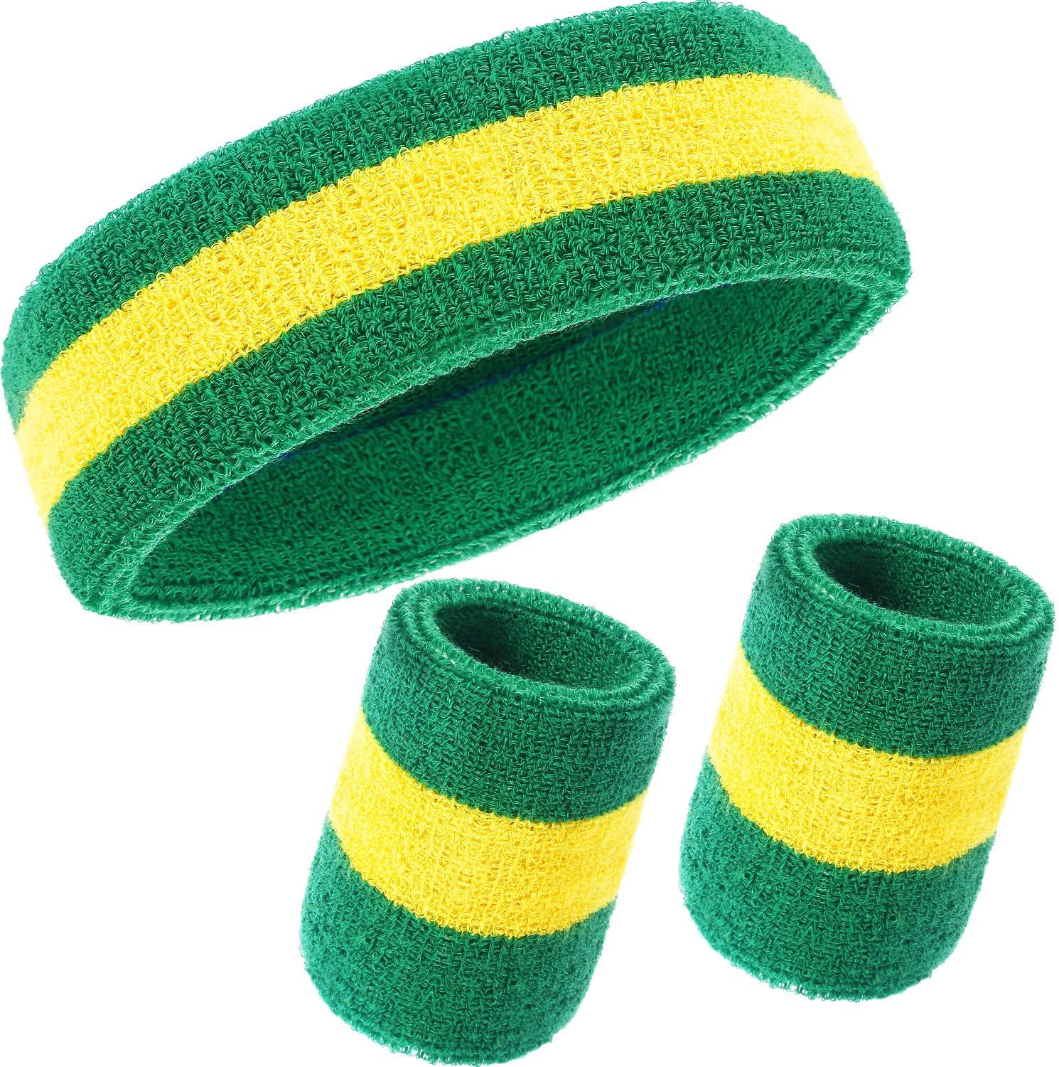 WILLBOND 3 Pieces Sweatbands Set, Includes Sports Headband and Wrist Sweatbands Striped Sweat Band for Athletic Men and Women (Green and Yellow) : Clothing