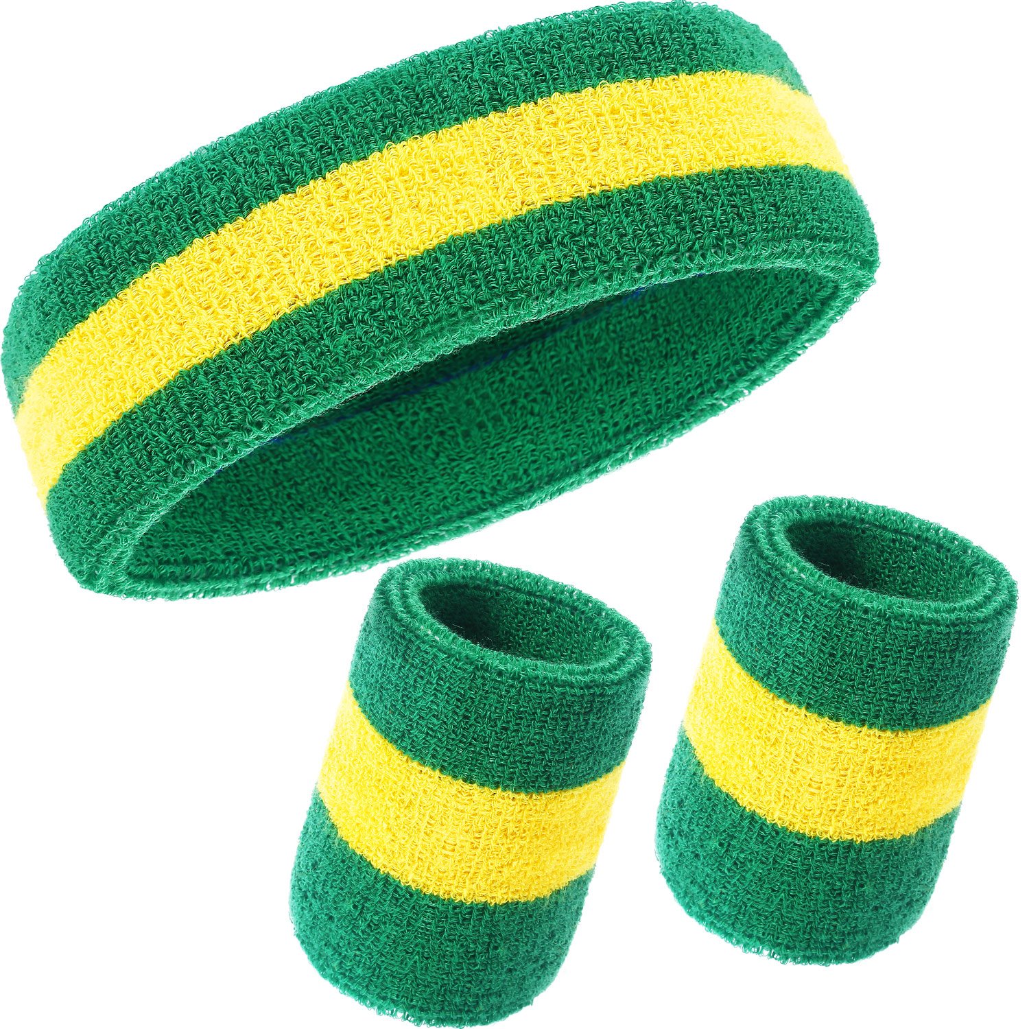 3 Pieces Sweatbands Set, Includes Sports Headband and Wrist Sweatbands Cotton Striped Sweat Band for Athletic Men and Women (Green and Yellow)