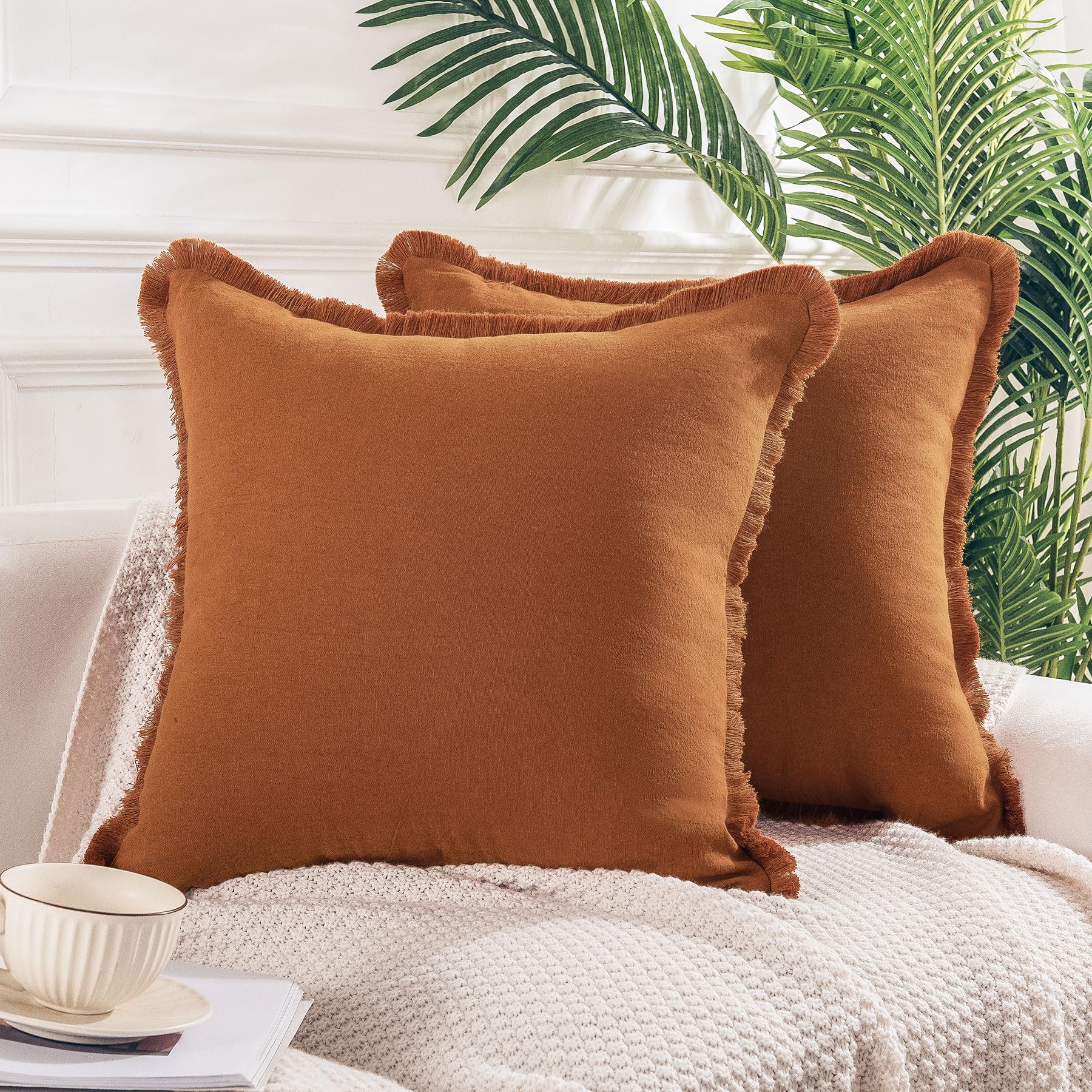 Photo 1 of NEXHOME PRO Boho Throw Pillow Covers for Couch Set of 2 26"x26", Handmade Decorative Linen Pillow Covers for Sofa Living Room, Farmhouse Fringed Cushion Covers, Fall Burnt Orange (NO Insert)