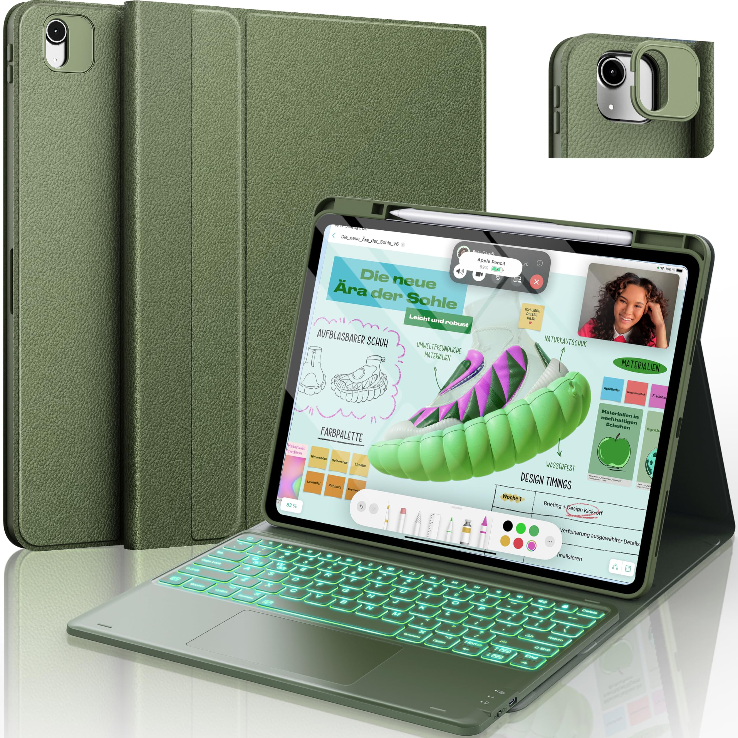 Photo 1 of CHESONA Ultra Light iPad Air 13 inch Case Keyboard(M3/M2)- Magnetic Detachable 7 Colors Backlit Multi-Touch Trackpad Keyboard for iPad Pro 12.9, Smart Sleep/Wake Cover- Olive Green