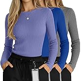 Sweetyweee 3 Pack Women's Ribbed Knit Underscrub Shirts, Cotton Long Sleeve Scrub Undershirt Crewneck Top Basic Tee for Nurse