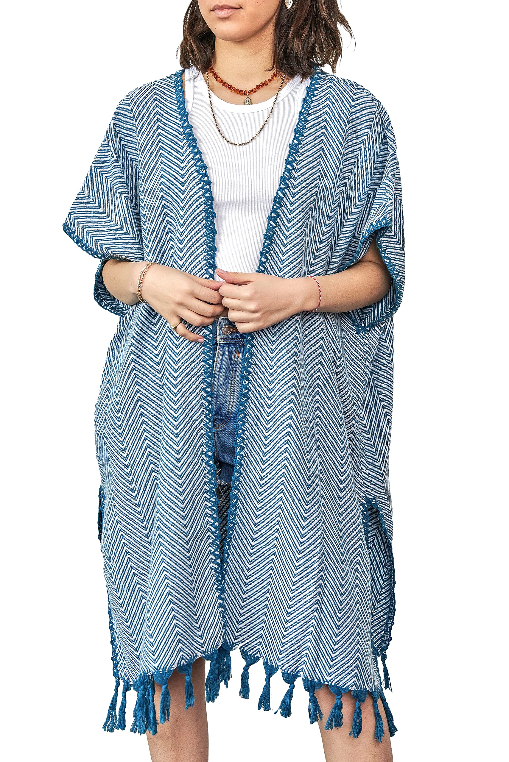 SENSE ETHNIC Kimono for Women |%100 Premium Anatolian Cotton | Handwoven by Local Artisans Quick Dry Suitable All Seasons One Size Casual Loose Style Ecofriendly Fabric (Blue White Zig Zag)