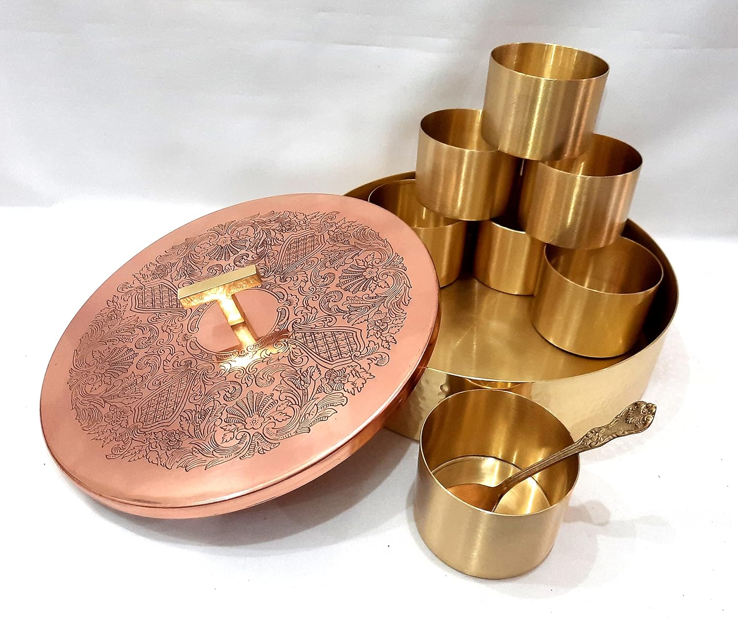 Buy HERITAGE Pure Brass Round Perforated Spice Box with Copper Etched