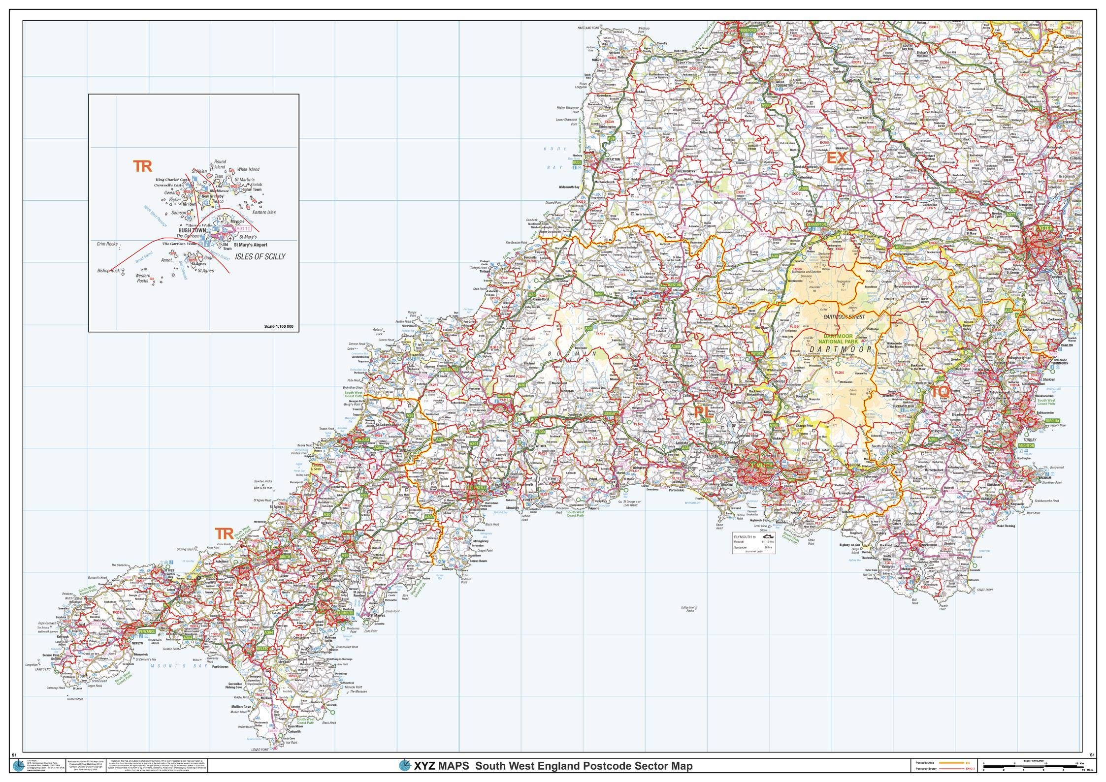 South West England Postcode Sector Wall Map (S1) - 47" x 33.25" Laminated