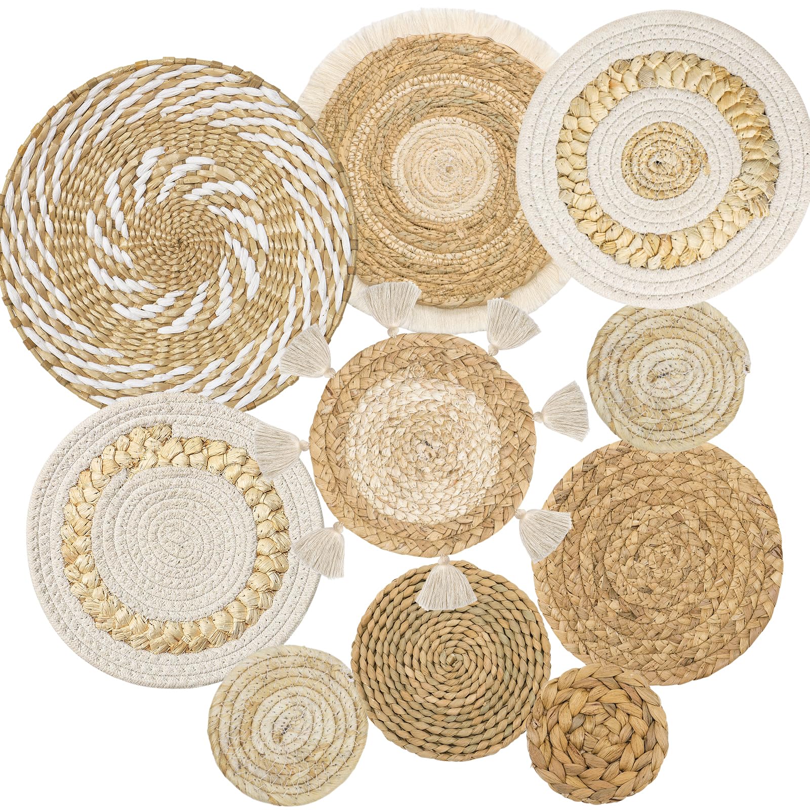 Photo 1 of LOMOHOO Set of 10 Boho Wall Basket Decor Wicker Woven Wall Basket Decorations Bohemian Handcrafted Round Basket Hanging decor Bulrush Wall Art Decors for Living Room Rustic Home