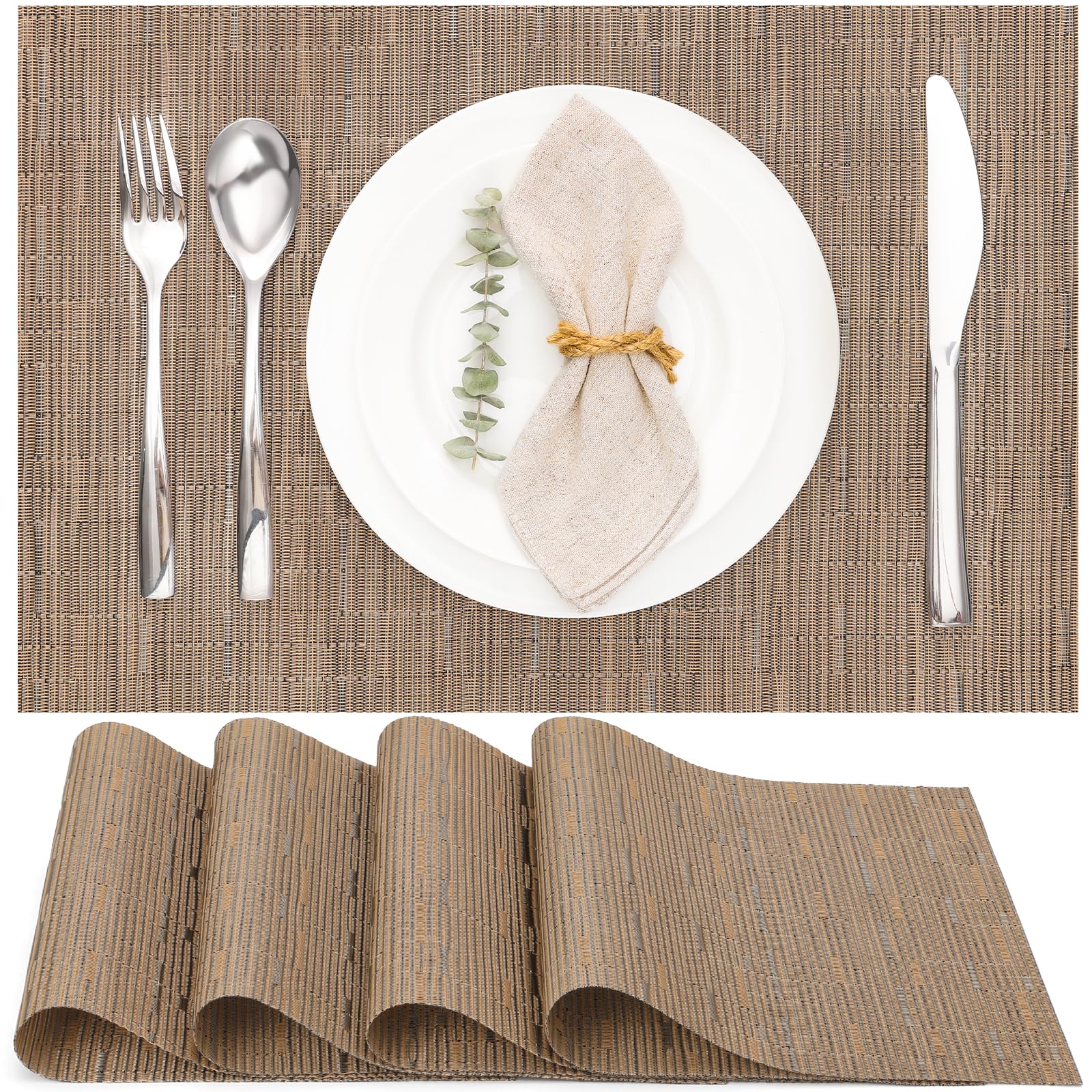 Myir JUN Table Mats Set of 4, Place Mats Table Placemats Washable Non-slip Heat Insulation Woven Vinyl for Kitchen Dinning Restaurant 17"X12" (Brown)