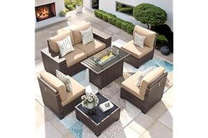 VONZOY 7 Piece Patio Furniture Set with Fire Pit Table, Outdoor Conversation Sets Wicker Rattan Sectional Sofa with Coffee Table, 4'' Thickened Cushion Beige (Include Waterproof Cover)