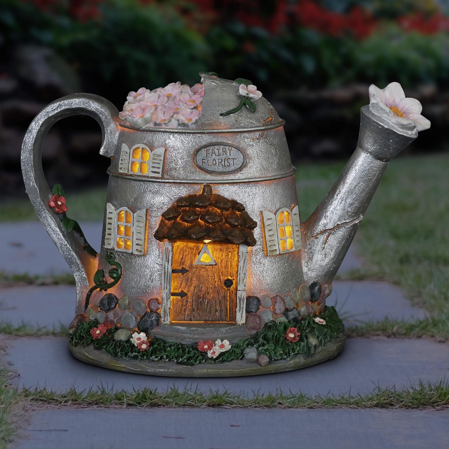 Exhart Fairy House Statue Solar Silver Water Can - Mini Watering Can Fairy Cottage Resin Statue with Solar Decor Lights – Hand-Painted Water Can Resin Fairy Hut Best for a Fantasy Garden, 7”