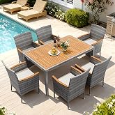 Devoko 7 PCS Acacia Wood Patio Dining Set, Gray Rattan | Outdoor Patio Furniture Set, Patio Dining Table Set for 6, Patio Table and Chairs Set For Garden Backyard Pool Side