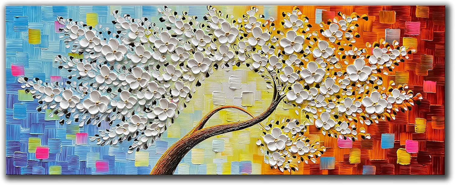 Paintings - JELRINR large 3D Handmade Art Oil Painting On Canvas Texture White Flower Tree paintings Canvas Wall Artwork Home Decor paintings Framed Ready to Hang 24x60 inch