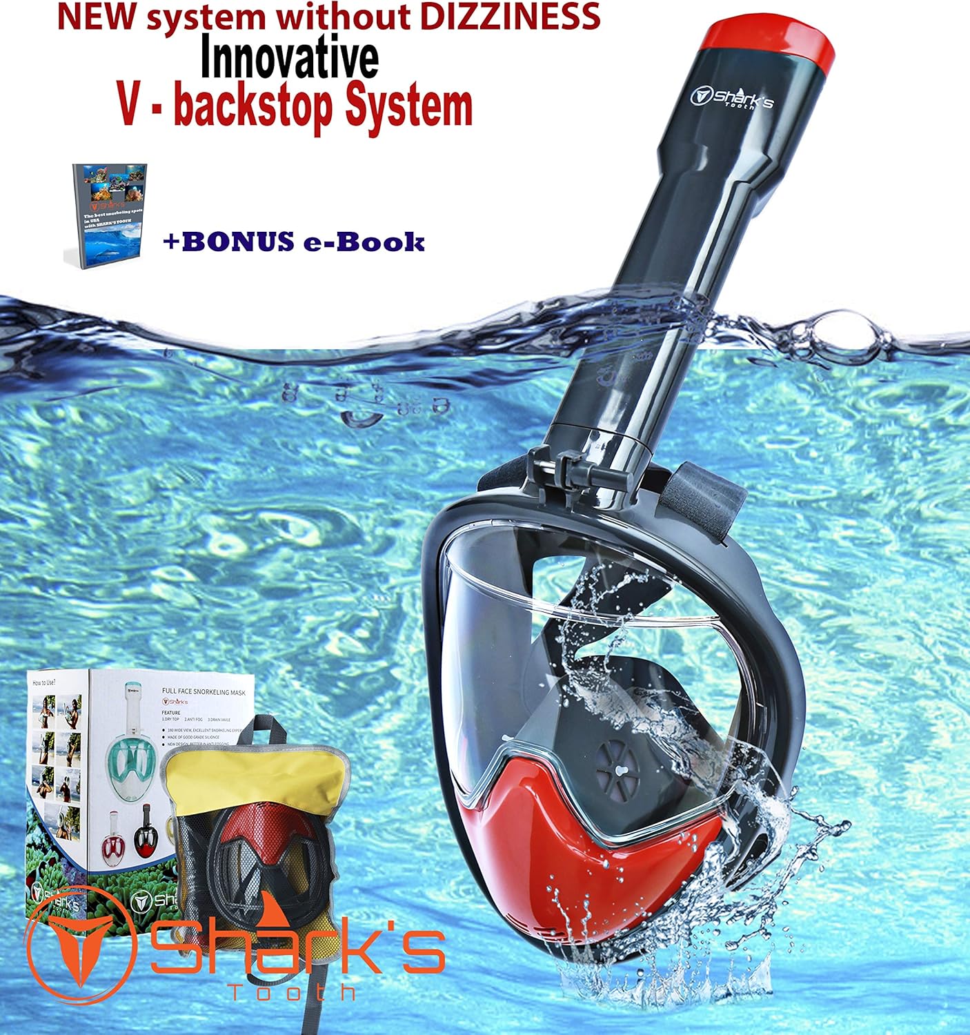 Shark's Tooth Snorkel Mask Full Face w/Compatible Action Camera Mount, 180° Panoramic Swimming View, Anti-Leak Fit & Anti-Fog Snorkeling Mask Set, Easy Breath Scuba Diving Mask, V Backstop Technology