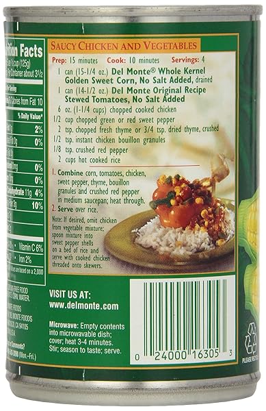 DEL MONTE FRESH CUT GOLDEN SWEET WHOLE KERNEL CORN NO SALT ADDED, 15.25 OZ. CAN, CANNED VEGETABLES