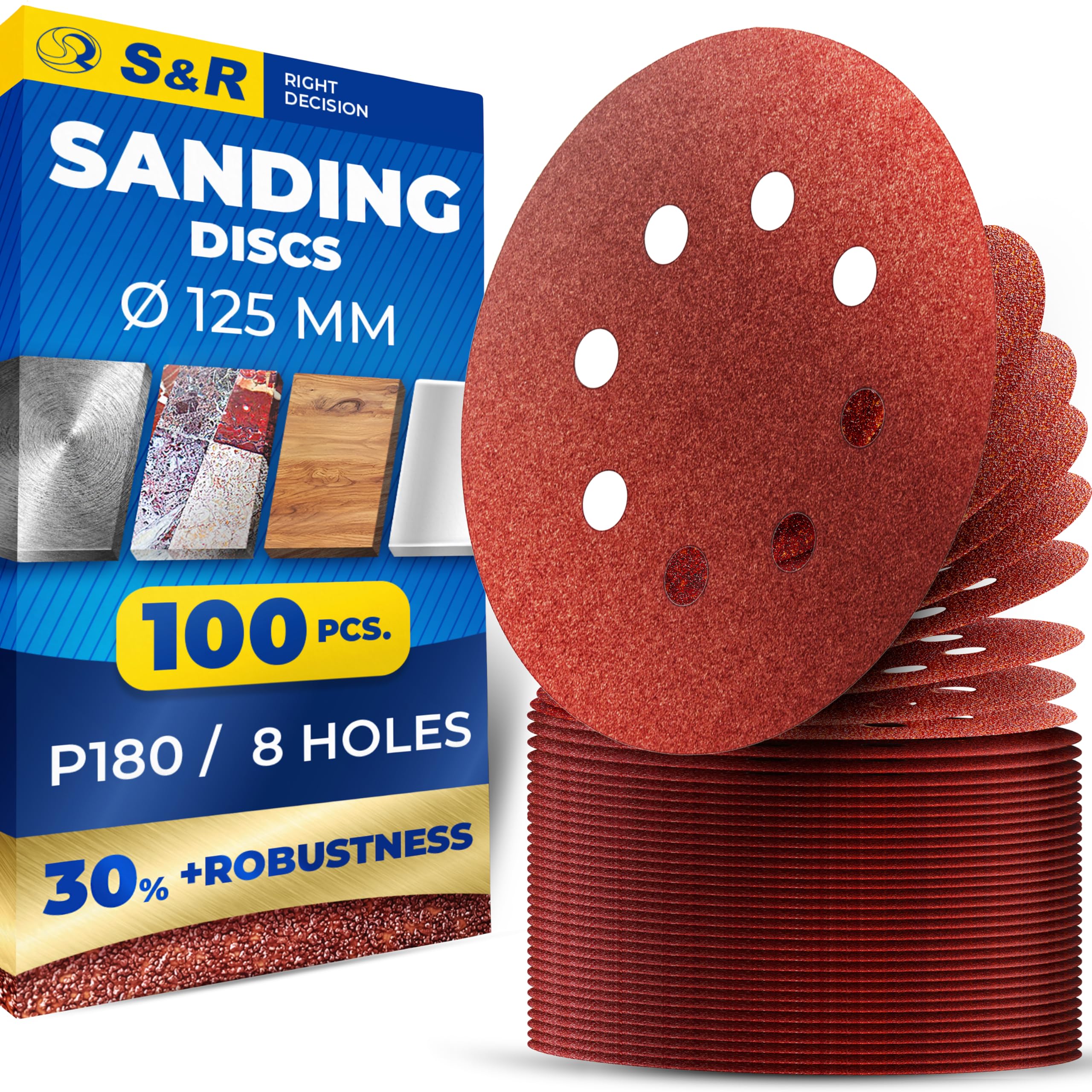 S&R Hook-and-Loop Sanding Paper Set, 125 mm, Meister, 8 holes, 100 sheets, grit P180, sanding sheets, sanding discs for random-orbit sanders, hook-and-loop sanding paper — image 1