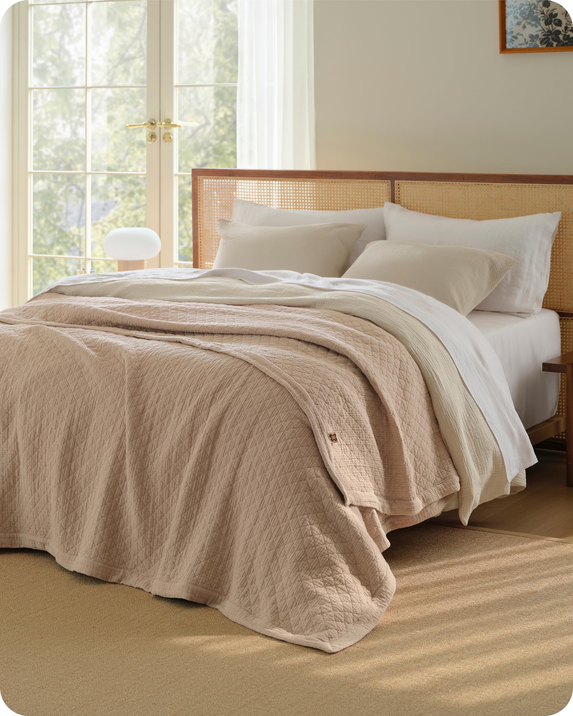 Photo 1 of Bedsure 100% Cotton 8-Layer Muslin Quilted Throw Blanket Twin XL, Breathable & Substantial Oeko TEX Gauze Bedding, All-Season Moisture-Wicking Comfort, Softens After Wash, Taupe, 66x90