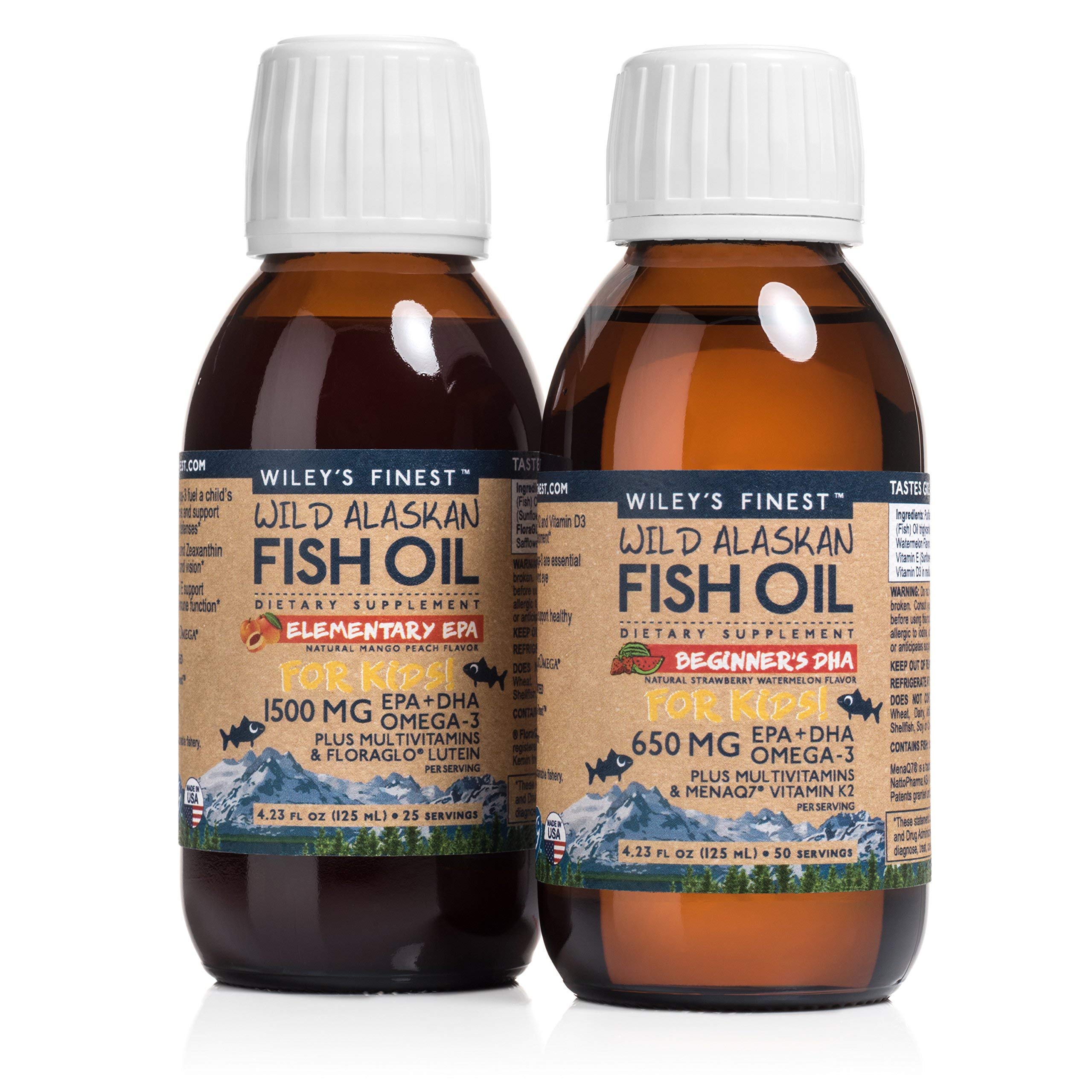 Wiley's Finest Wild Alaskan Fish Oil Kids Bundle - Mango Peach for Kids, Strawberry Watermelon for Toddlers with Easy-Serve Syringe