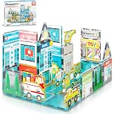 PicassoTiles Metro City Hospital Magnetic Tiles, STEM Building Set Ages 3+ | 8 vehicles and figures, illustrated road and rescue scenes, imaginative role play, screen-free learning for curious minds