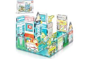 PicassoTiles Metro City Hospital Magnetic Tile Building Set with 8 Vehicles and Figures Educational Magnet Blocks Construction for Kids Age 3 Plus STEM Role Play Town Imagination Learning Toy PTQ14