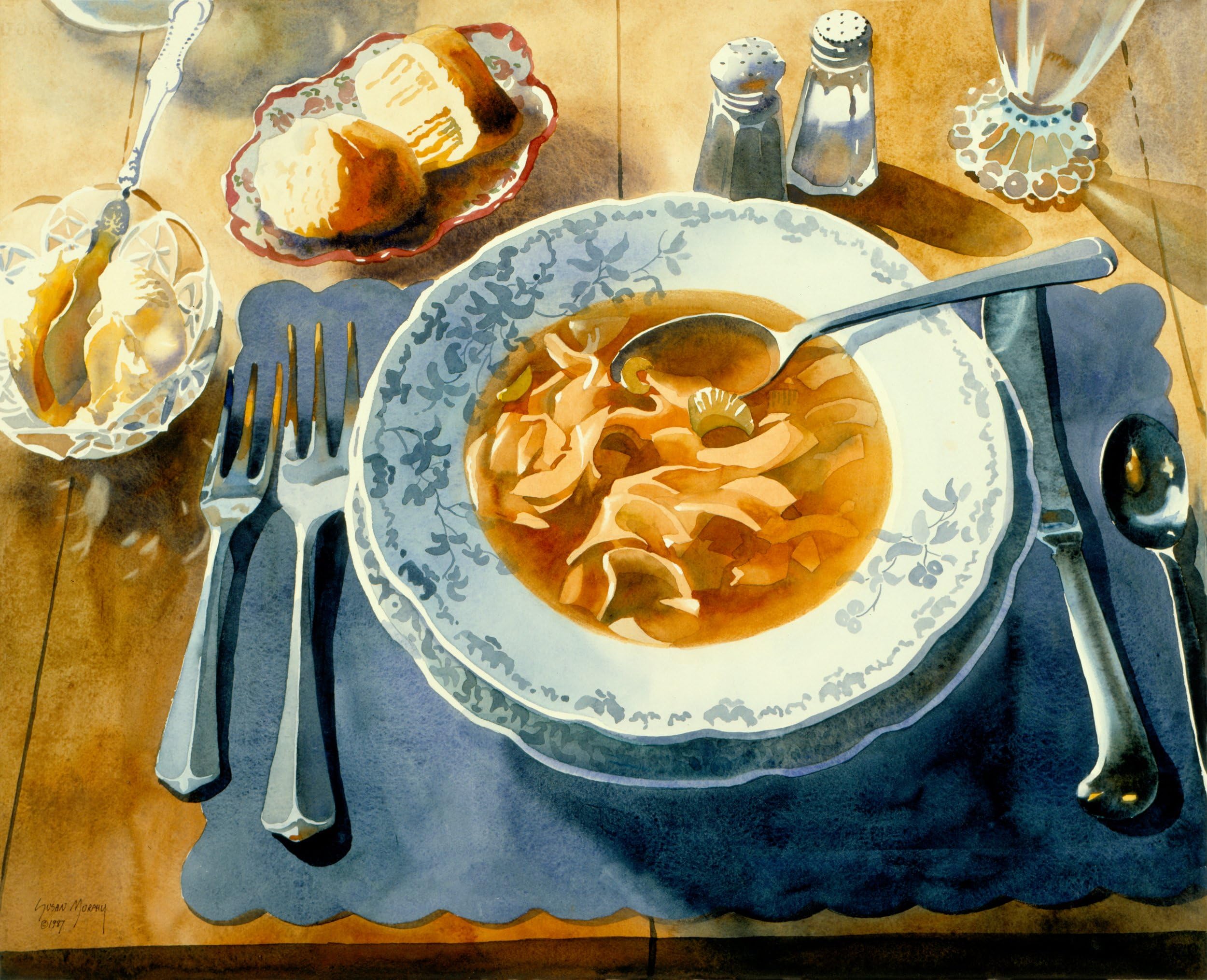 Chicken Noodle Soup, Giclee Print of Watercolor, Still Life Picture of a Bowl of Soup with Some Rolls and Butter, 15 X 19 Inches