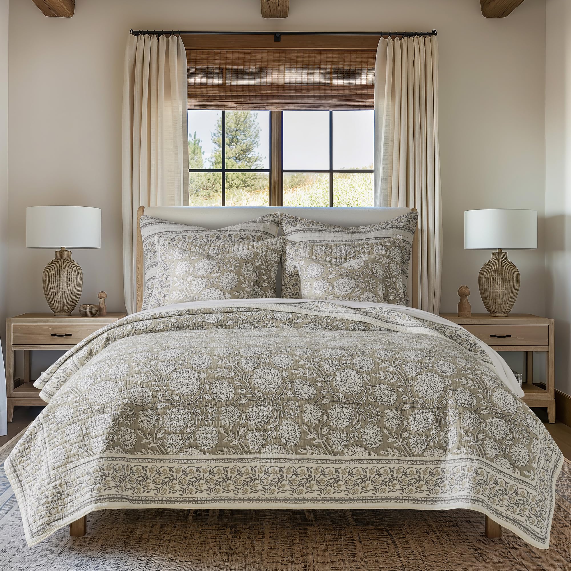 Levtex Home Adare Taupe Reversible Twin XL/Twin Quilt Set (68x86in) with 1 Pillow Sham (26x20in) - Floral Bedding - Taupe White - Cotton Twin Size Quilt Bedding Set - Lightweight, Soft, Pre-Washed