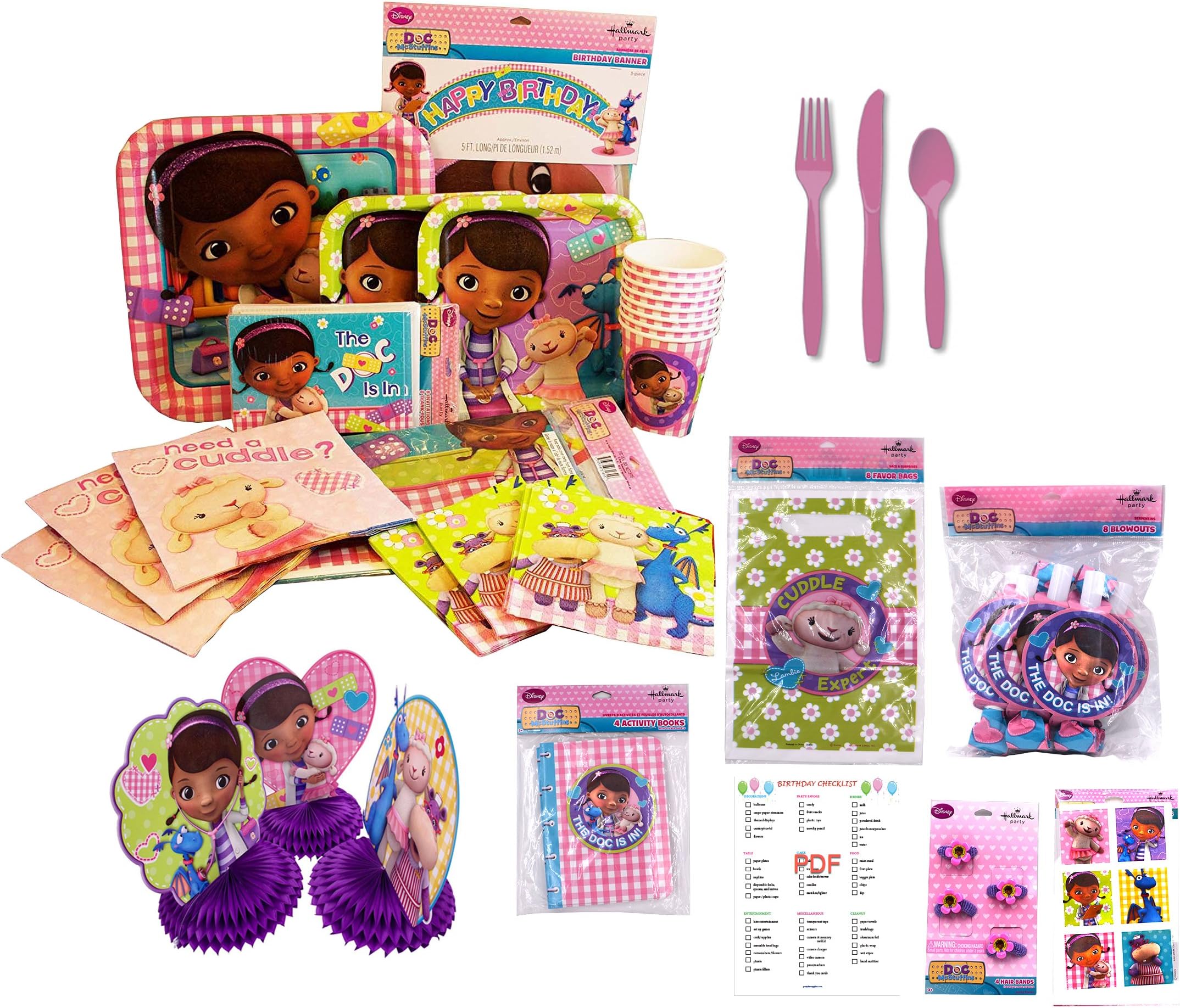 Doc McStuffins Party Supplies Bundle - Birthday Party Decorations FOR 8 GUESTS Dinner and Lunch Paper Plates, Napkins, Cups, Invitations, Tablecover, Happy Birthday Banner, Favors and Cutlery