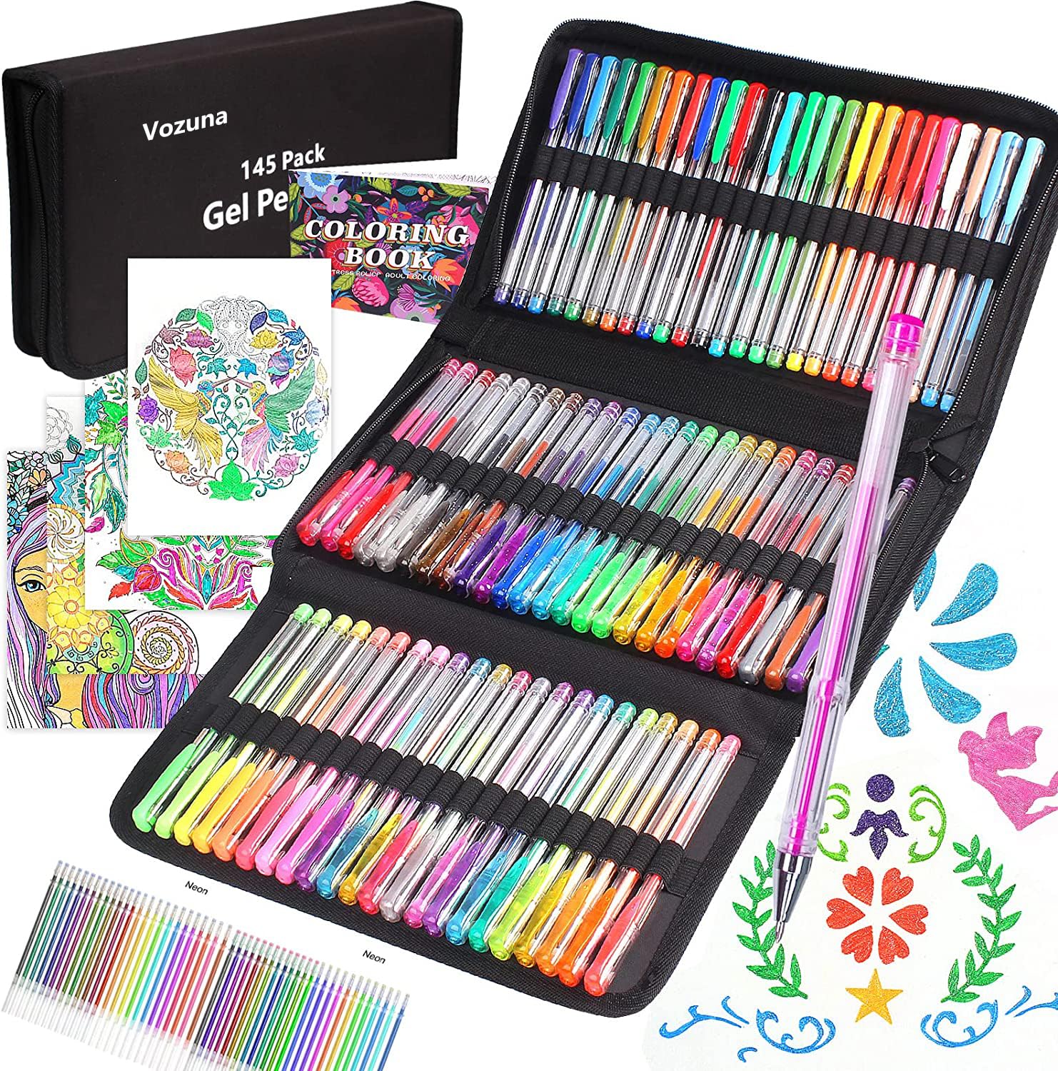 Vozuna 145 Pack Glitter Gel Pens Set 72 Unique Colours & 72 Refills with 1 Colouring Book for Kids Adult Colouring Books Drawing Doodling Crafts Scrapbooking
