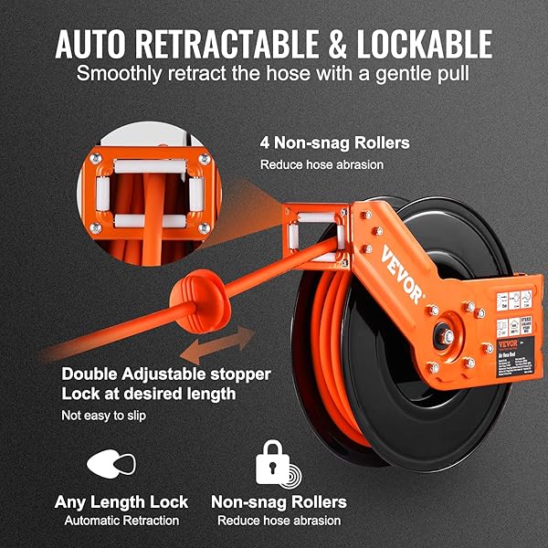 VEVOR RETRACTABLE AIR HOSE REEL, 3/8 IN X 50 FT HYBRID AIR HOSE MAX 300PSI, AIR COMPRESSOR HOSE REEL WITH 5 FT LEAD IN, CEILING/WALL MOUNT HEAVY DUTY SINGLE ARM STEEL REEL