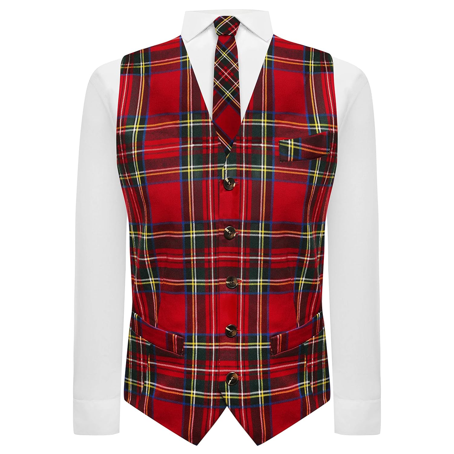 Traditional Red Tartan Check Waistcoat, Bow Tie, Tie & Pocket Square