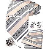 GUSLESON Striped Tie Set for Men Necktie and Pocket Square,Tie Clip,Cufflinks, Lapel Pin Sets with Gift Box 5PCS