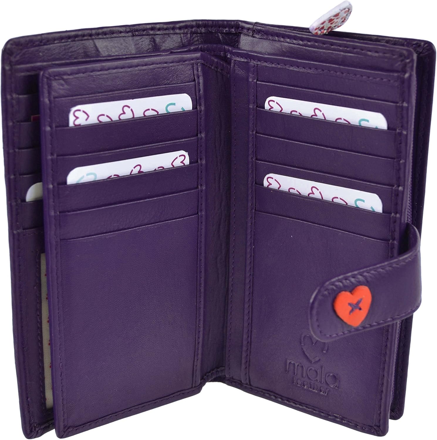 Ladies Leather Large Tab Purse/Wallet by Mala; Lucy Collection Handy Heart (Purple) - Image 5