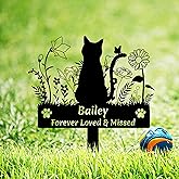 Custom Cat Name Memorial Grave Stake Marker, Personalized Floral Cat Memorial Grave Marker, Customized Flowers Butterfly Cat Memorial Stake Outdoor Metal Grave Plaque Cat Memorial Statue