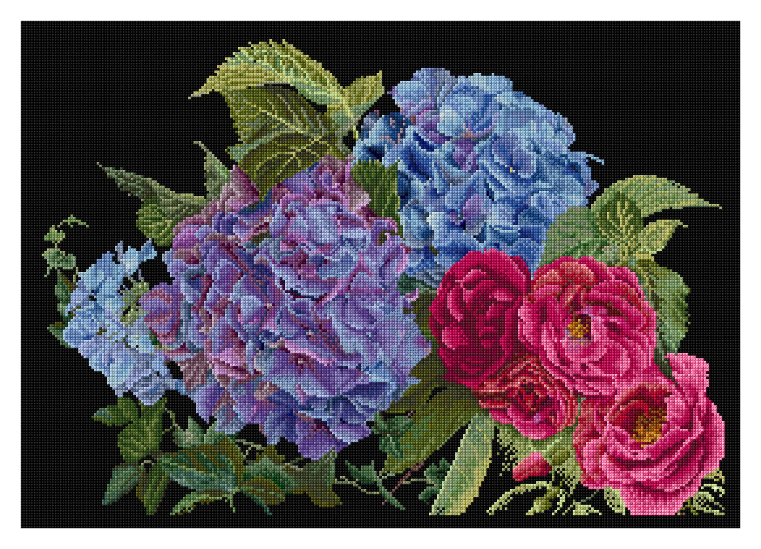 Thea Gouverneur - Counted Cross Stitch Kit - Hydrangea & Rose - Aida Black - 18 Count - Embroidery Kit for Adults - DMC Embroidery Threads and Other Cross Stitch Supplies Included - 442.05
