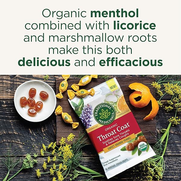 TRADITIONAL MEDICINALS ORGANIC, THROAT COAT LOZENGES, SWEET ORANGE FENNEL WITH MENTHOL – HERBAL COUGH DROPS, HELPS SOOTHE SORE THROAT & RELIEVE COUGH – NON-GMO, STIMULANT-FREE – 16 COUNT