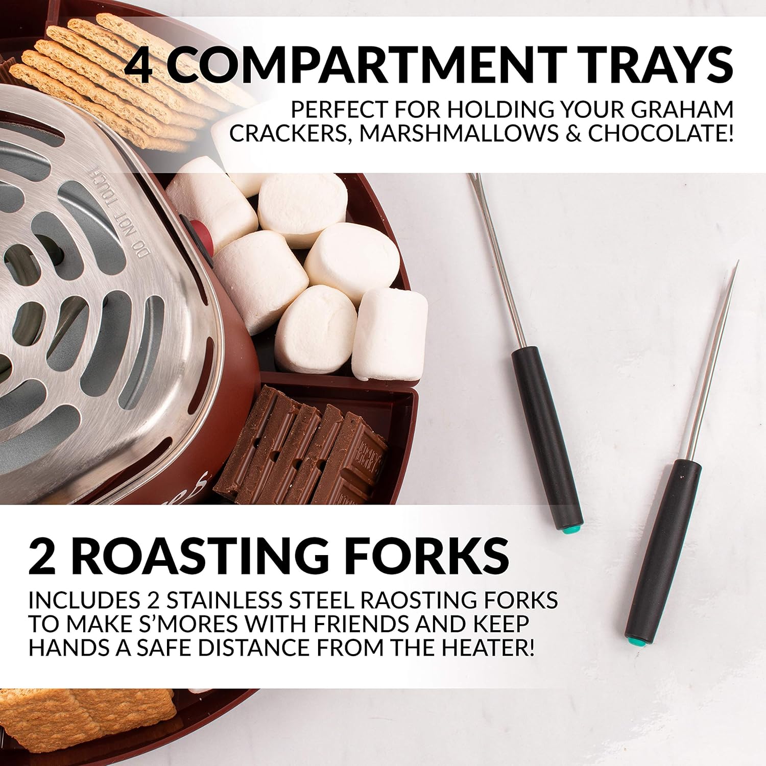 Nostalgia Indoor Electric Stainless Steel S'mores Maker with 4 Compartment Trays for Graham Crackers, Chocolate, Marshmallows and 2 Roasting Forks, Brown: Kitchen & Dining