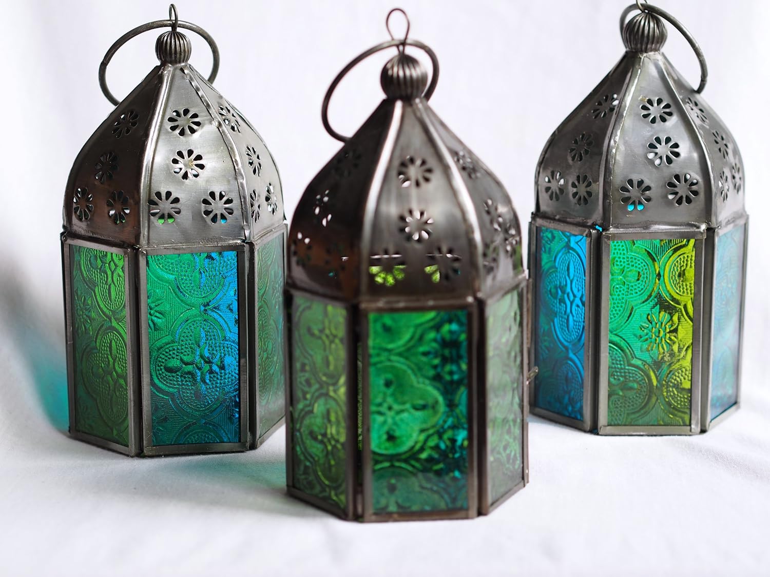 Moroccan Tonal Glass Tea Light Lanterns (Set of 3) Blue and Green eBay