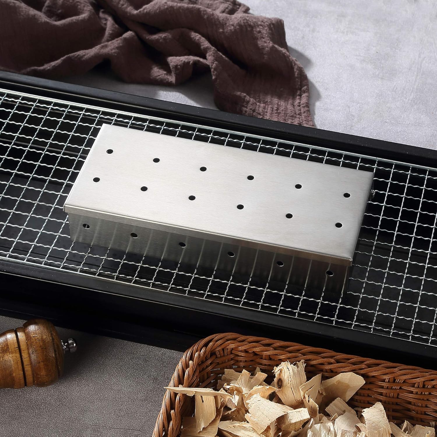 YK GDYORKITCHEN Smoker Box - Stainless Steel Gas Grill Smoker Box for BBQ Grill Wood Chips, Free Silicone Brush & 7 Inch Silicone Tong and Bonus Silicone Glove & Silicon Oven Mitt - for Gifts: Garden & Outdoor