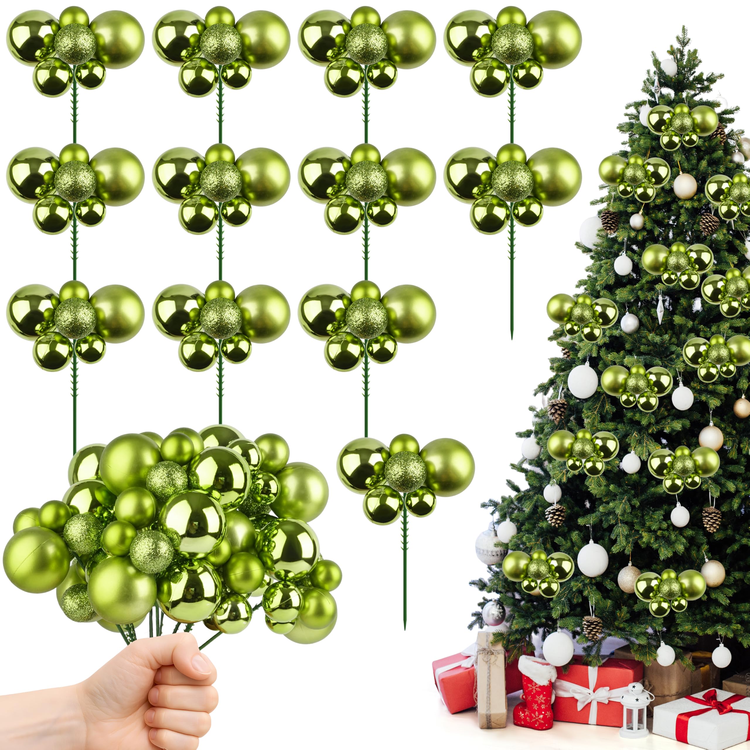 Photo 1 of 12 Pcs Christmas Tree Picks 7.9 inch Green Christmas Balls Ornaments Wired Picks Shatterproof Xmas Ball Picks for Xmas Tree Topper DIY Wreath Holiday Floral Vase Fillers Crafts Home Decor