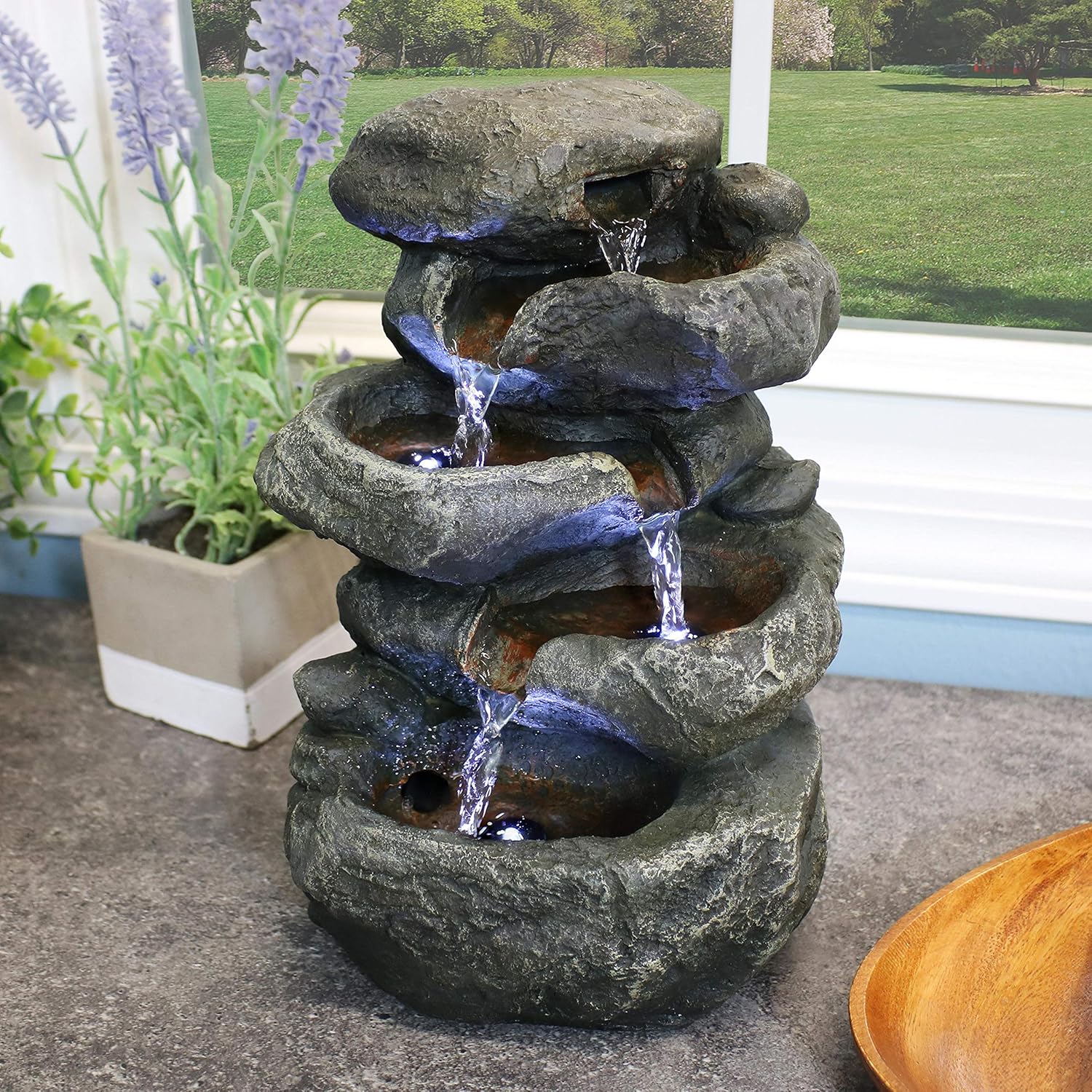 Indoor Fountains & Accessories - Sunnydaze Stacked Rocks 10.5 Inch Indoor Tabletop Water Fountain with LED Lights - Quiet Sounds