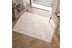 jinchan Area Rug 2x3 Entryway - Vintage Washable Rug Boho Floral Print Rug Soft Indoor Doormat Faux Wool Non Slip Thin Rug Lightweight Kitchen Living Room Bedroom Dining Room Office Red On Cream