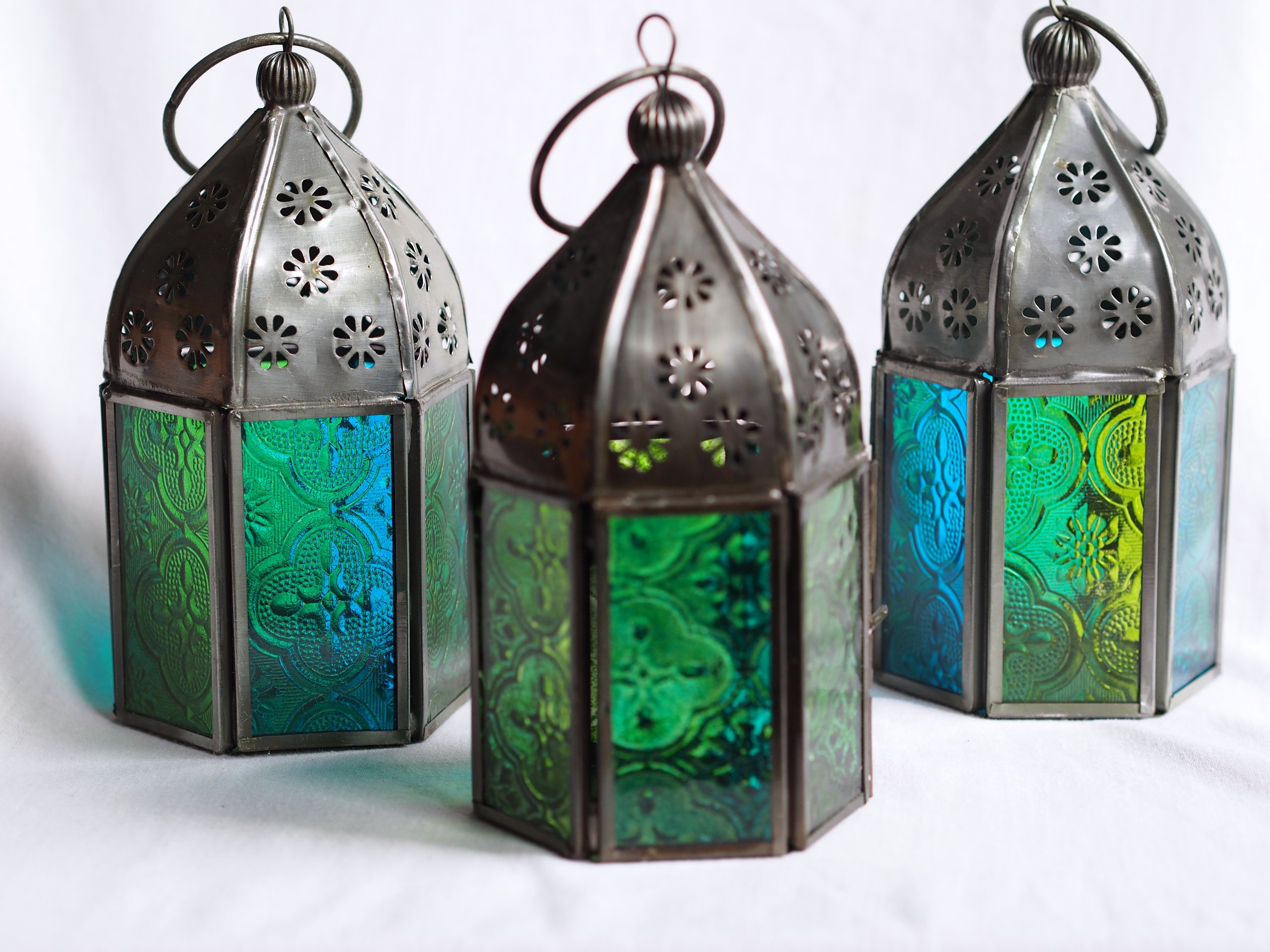 Moroccan Tonal Glass Tea Light Lanterns (Set of 3) Blue and Green