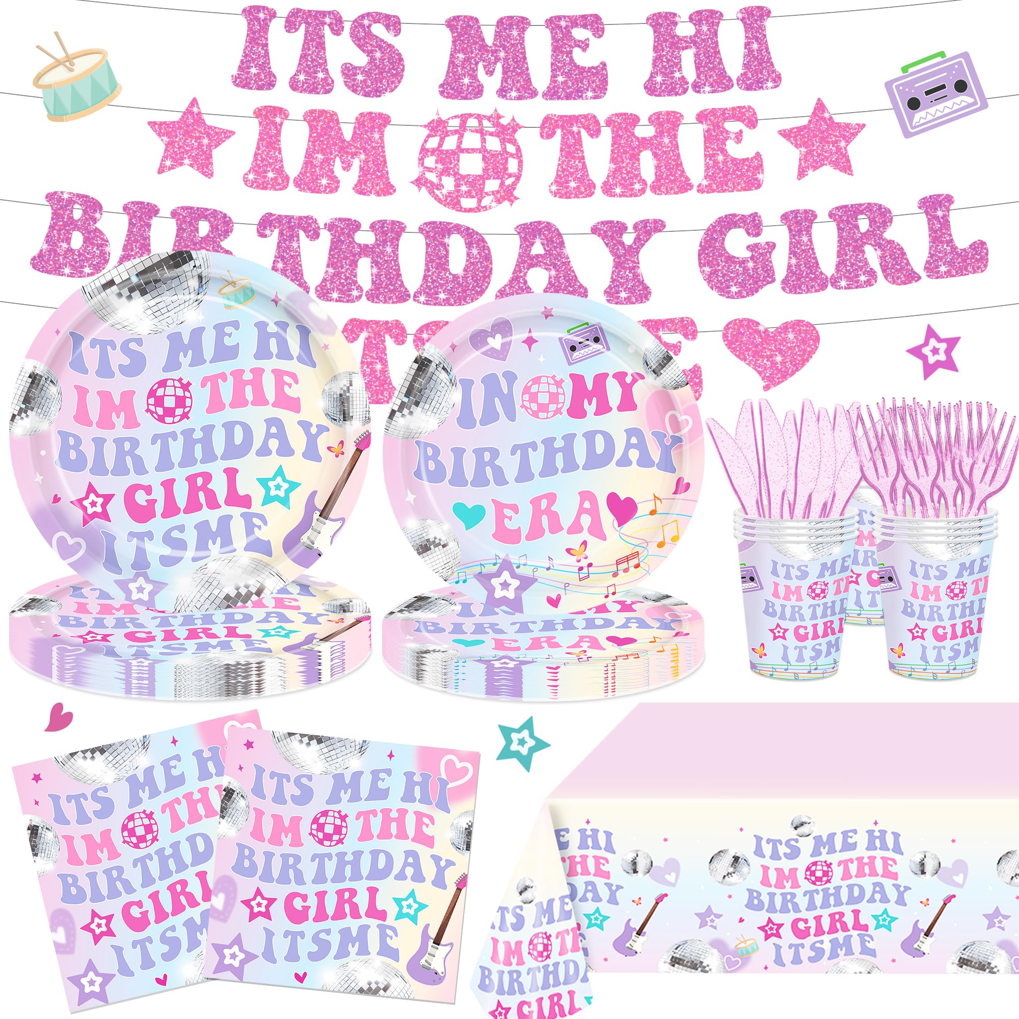Photo 1 of 122pcs Its Me Hi Im The Birthday Girl Tableware Party Plate Set Music Party Decorations Favors Serves 20 Guests Birthday Decorations