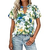 MASCOMODA Boho Short Sleeve Floral Work Blouses for Women Dressy Casual V Neck Puff Sleeve Loose Chiffon Flowy Tops Shirts