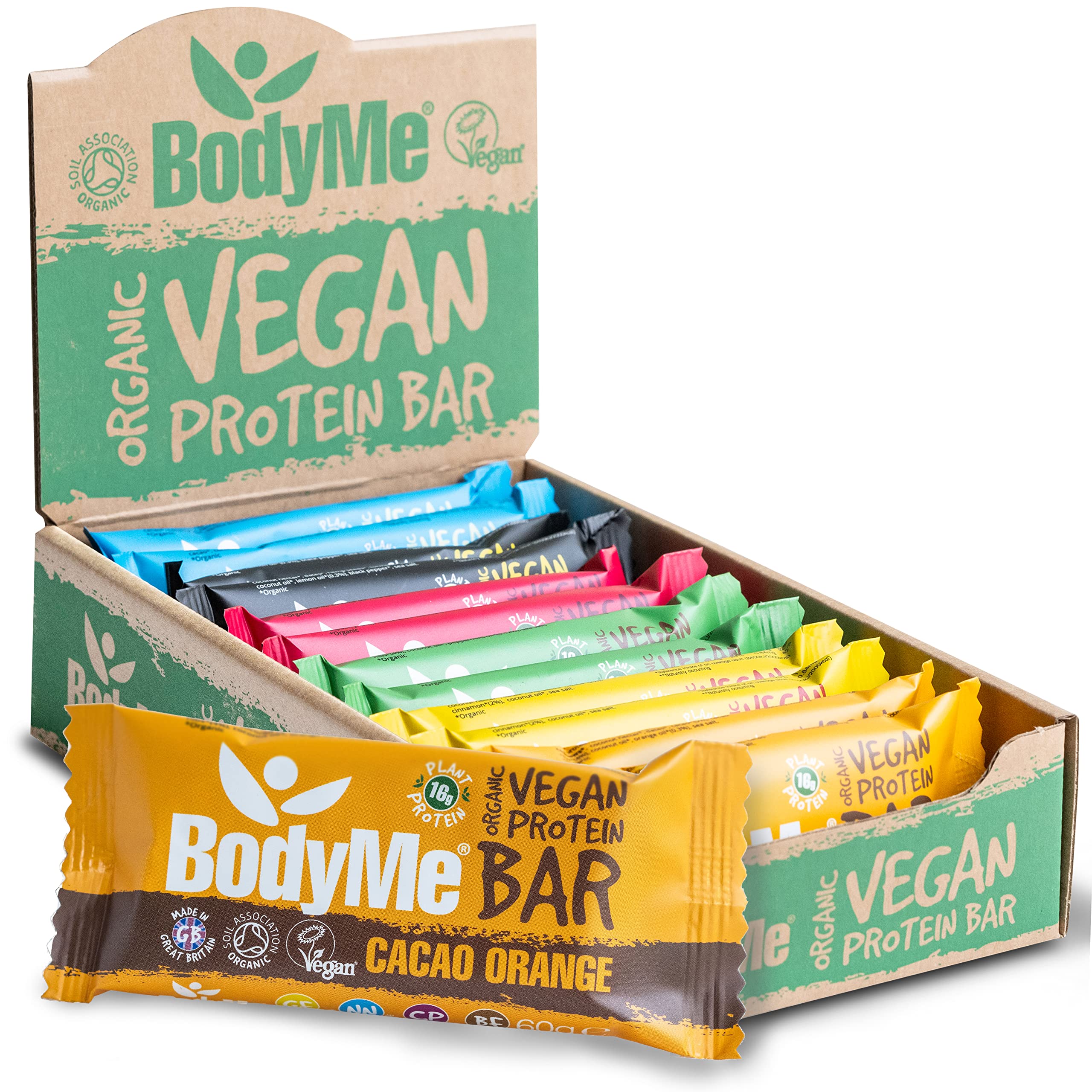 BodyMe Organic Vegan Protein Bar, Mixed Box - 16g Plant Based High Protein Snack Bars with Amino Acids - Gluten and GMO Free, 12 x 60g