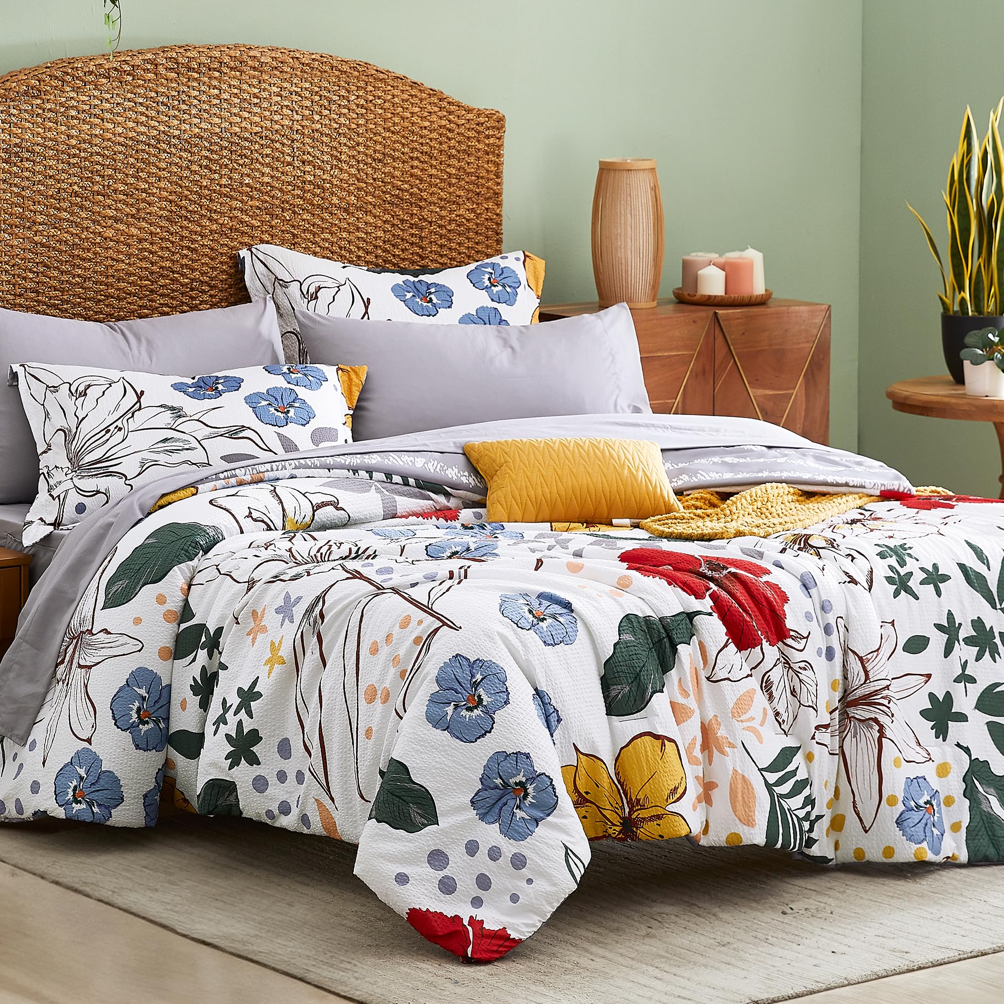 Photo 1 of CASAAGUSTO Queen Comforter Set, 7 PCS White Floral Comforter Set with Flowers Leaves Pattern, Soft Seersucker Design All Season Microfiber Queen Size Bedding Set (90"X90"