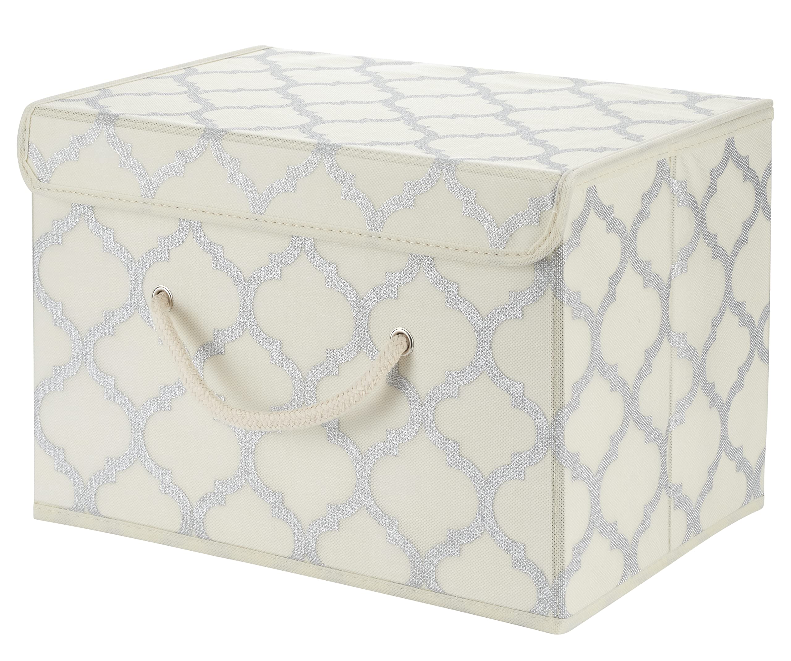 Cream/Metallic Fabric Storage Boxes with lids, Stackable and Foldable. For wardrobes, shelves, clothes, bedroom, office, cupboard, keepsake box, crafts, toys, shoes, socks. Rope Handle 37x25x25cm