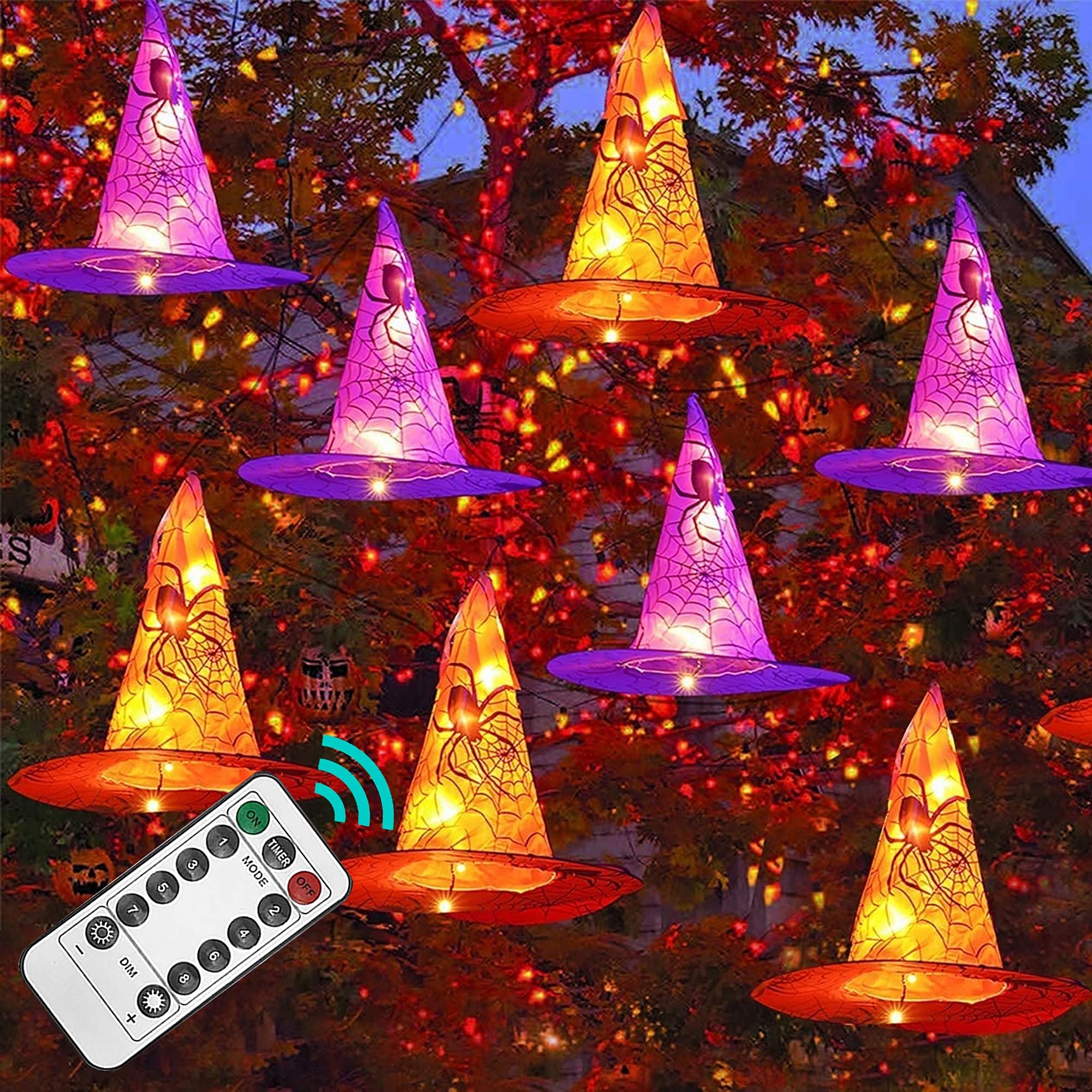 Photo 1 of FUNPENY Halloween Decoration Lights, 8 PCS Waterproof Hanging Witch Hat with String Lights with Remote, Hanging Halloween Decorations for Indoor Outdoor Garden Yard Party Decor