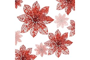 Wironlst 24 Pieces Glitter Poinsettia Flowers Christmas Tree Ornaments, Glitzy Poinsettia Bushes Christmas Decorations for Xmas/Holiday/Seasonal/Wedding (Red)