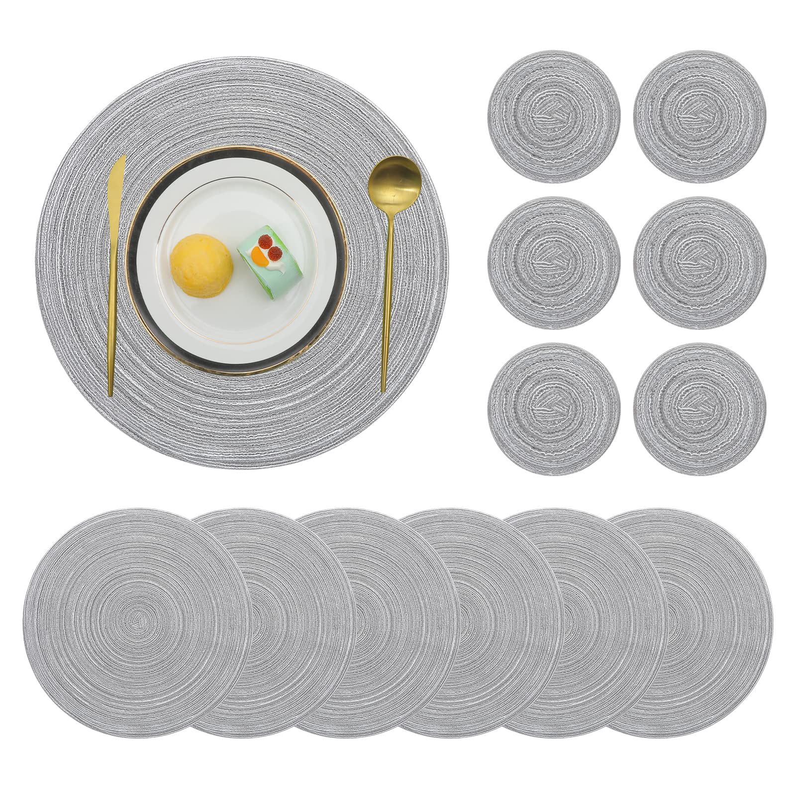 Pauwer Round Placemats and Coasters Set of 6, Grey Non Slip Washbale Table Mats and Coasters Sets Heat Resistant Decor Table Place Mats