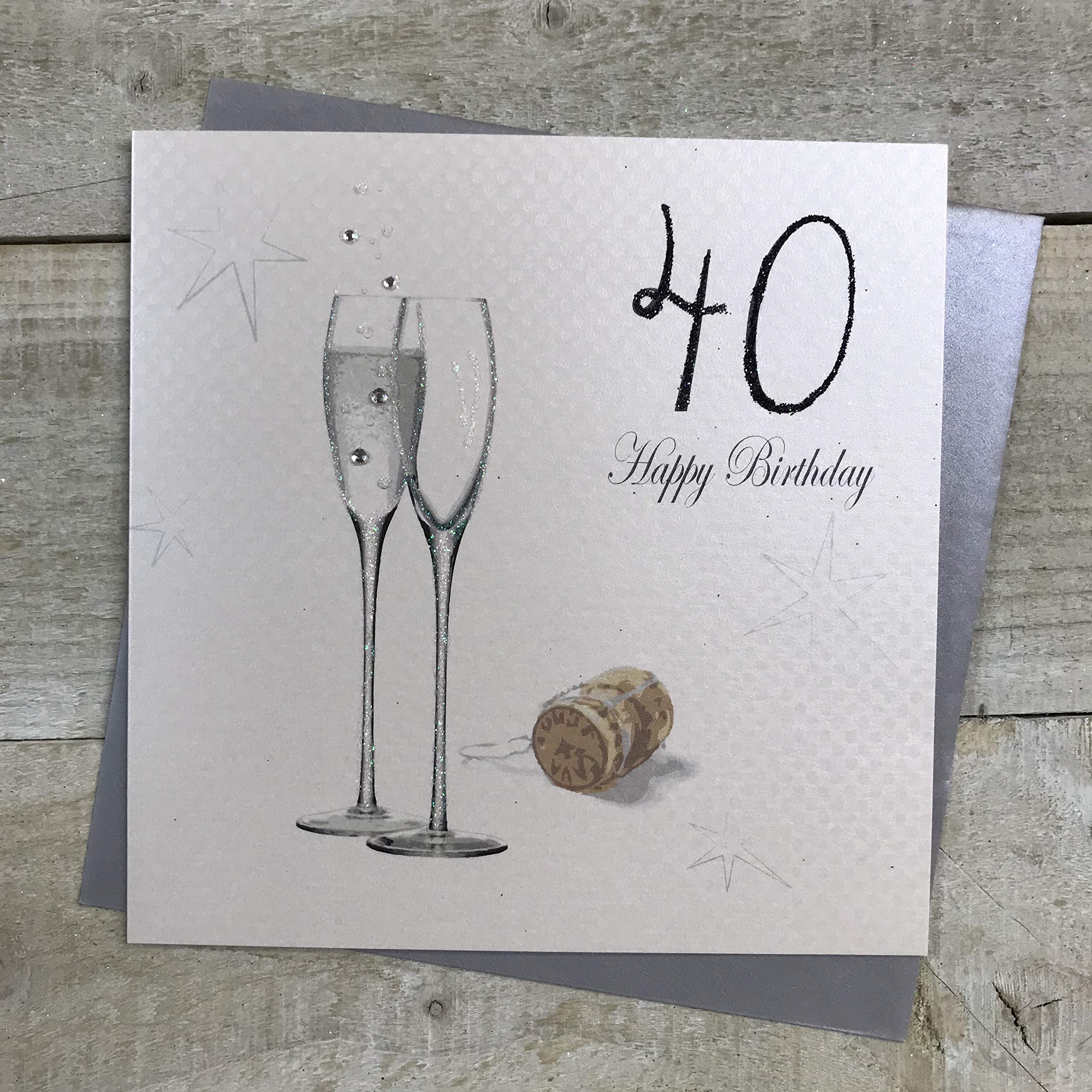 WHITE COTTON CARDS 40 Happy Handmade 40th Birthday Card with Champagne Design, Black, pdc40-black