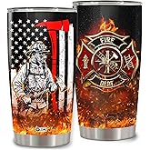 WAZONE Firefighter Tumbler Cup Thin Red Line Flag Design Travel Mug With Lid 20Oz Insulated Stainless Steel Gifts Birthday Christmas Presents For Dad Fireman Men Fire Department